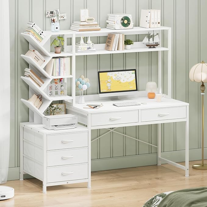 YOMILUVE Reversible Computer Desk with Hutch, Home Office Desk with 5 Drawers and Bookshelf, 52'' Study Writing Desk with Storage Shelves for Bedroom Home Office, White