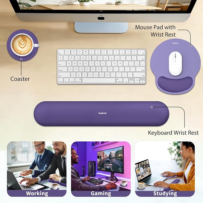 Sushret Mouse Pad and Keyboard Wrist Rest, 3-in-1 Gel Memory Foam Ergonomic Mouse Pad with Wrist Rest Set, Gaming Mousepad Arm Cushion Support for Computer Office Desk Accessories Cute Setup, Purple