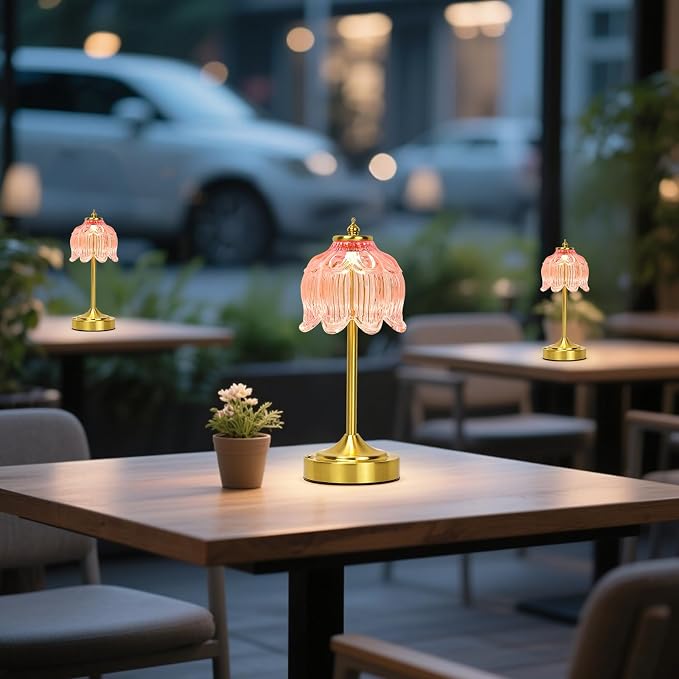 Cordless Lotus Flower Table Lamp, 5200mAh Rechargeable Battery Operated Portable Lamp, 3-Color Dimmable Touch Control Small Desk Lamp for Bedroom, Office, Kitchen, Nightstand,Room Decor (Flower Pink)
