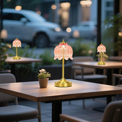 Cordless Lotus Flower Table Lamp, 5200mAh Rechargeable Battery Operated Portable Lamp, 3-Color Dimmable Touch Control Small Desk Lamp for Bedroom, Office, Kitchen, Nightstand,Room Decor (Flower Pink)