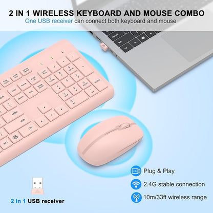 Wireless Keyboard and Mouse Combo, Full-Size Silent Ergonomic Keyboard and Optical Mouse, Long Battery Life, 2.4G Lag-Free Mice Keyboard for Computer, Mac, Laptop, PC, Windows(Pink)
