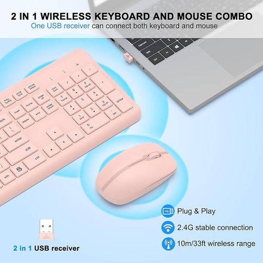 Wireless Keyboard and Mouse Combo, Full-Size Silent Ergonomic Keyboard and Optical Mouse, Long Battery Life, 2.4G Lag-Free Mice Keyboard for Computer, Mac, Laptop, PC, Windows(Pink)