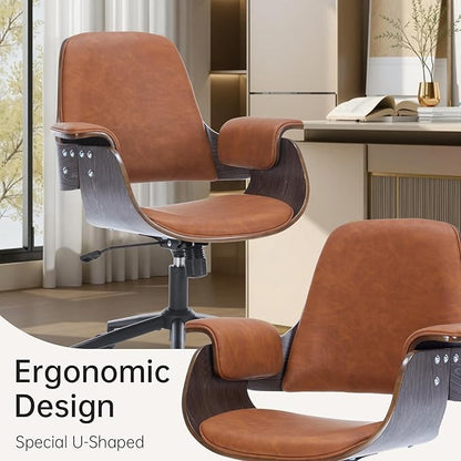 Mid Century Modern Home Office Chair,Ergonomic U-Shape Mid Back Executive Chair,Adjustable Height Swivel Computer Chair with Walnut Finish&PU Leather,Accent Chairs for Study Bedroom Workspace(Brown)