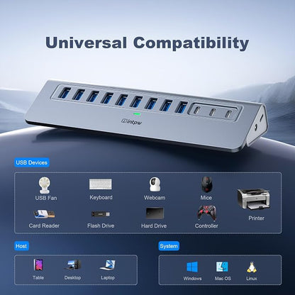 Powered USB Hub 10Gbps, intpw YH9AC 12-Port USB Splitter with USB A/USB C 3.2, 7 USB 3.0, 2 PD 45W Charging Ports, 65W Power Adapter + 3.3FT Cable, Aluminum USB Extender Hub for Laptop/PC/iPhone 16/15