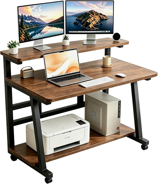 39.4 Inch Compact Rolling Computer Desk with Tier Worktable & Lockable Wheels, Small Computer Desk, Small Desk for Bedroom, Mobile Writing Workstation Easy Assembly for Home Office Small Spaces