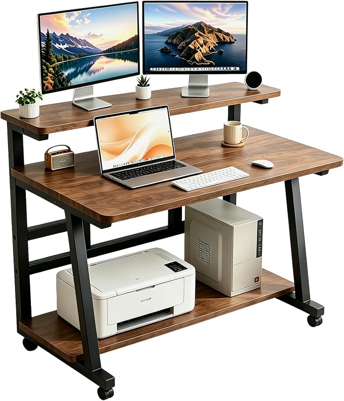 31.5 Inch Compact Rolling Computer Desk with Tier Worktable & Lockable Wheels, Small Computer Desk, Small Desk for Bedroom, Mobile Writing Workstation Easy Assembly for Home Office Small Spaces