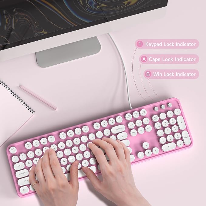 MOWUX Computer Keyboard Wired, Plug and Play USB Retro Round Typewriter Keyboard, Full Size Wired Keyboard with Foldable Stands for Laptop and Office PC- Pink