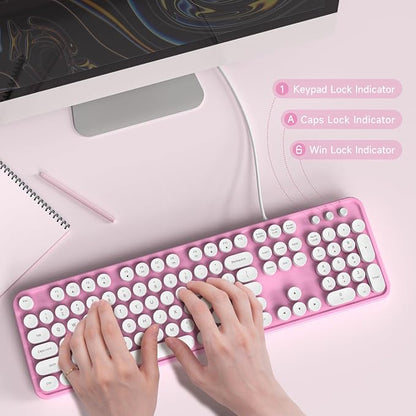 MOWUX Computer Keyboard Wired, Plug and Play USB Retro Round Typewriter Keyboard, Full Size Wired Keyboard with Foldable Stands for Laptop and Office PC- Pink