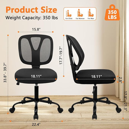 CLATINA Armless Home Office Chair, Adjustable Height Backrest Ergonomic Mesh Desk Chair with Wheels, 360° Swivel Small Computer Task Chair for Home Office, Study, Meeting Room, Black(4 Pack)