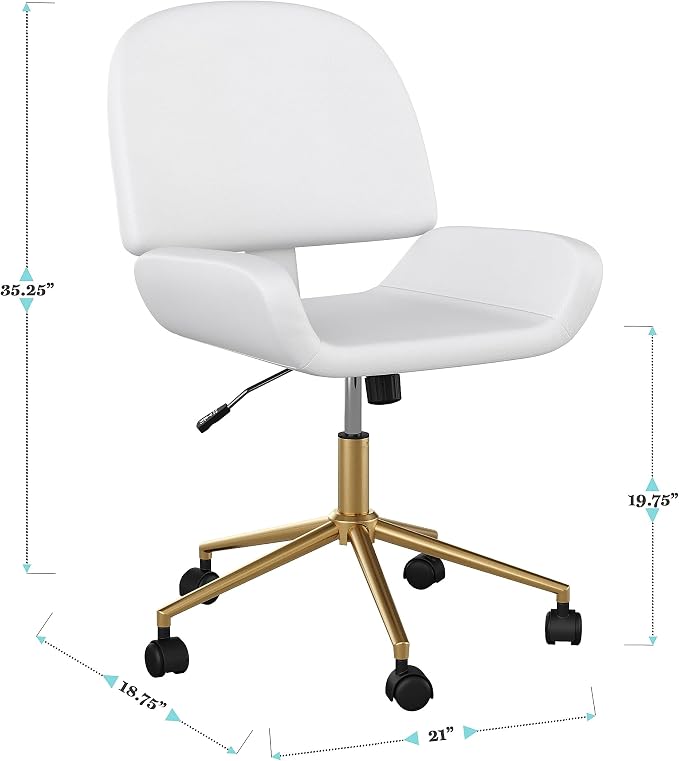 Martha Stewart Tyla Armless Swivel Task Chair for Home Office in White Faux Leather with Polished Brass Frame