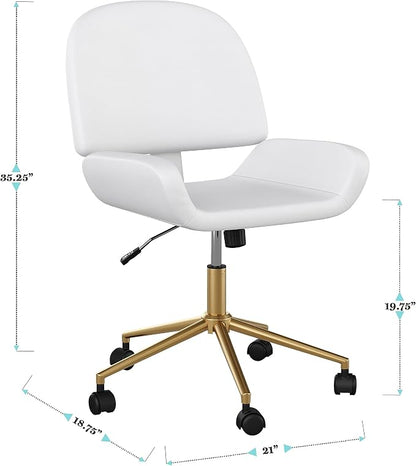 Martha Stewart Tyla Armless Swivel Task Chair for Home Office in White Faux Leather with Polished Brass Frame