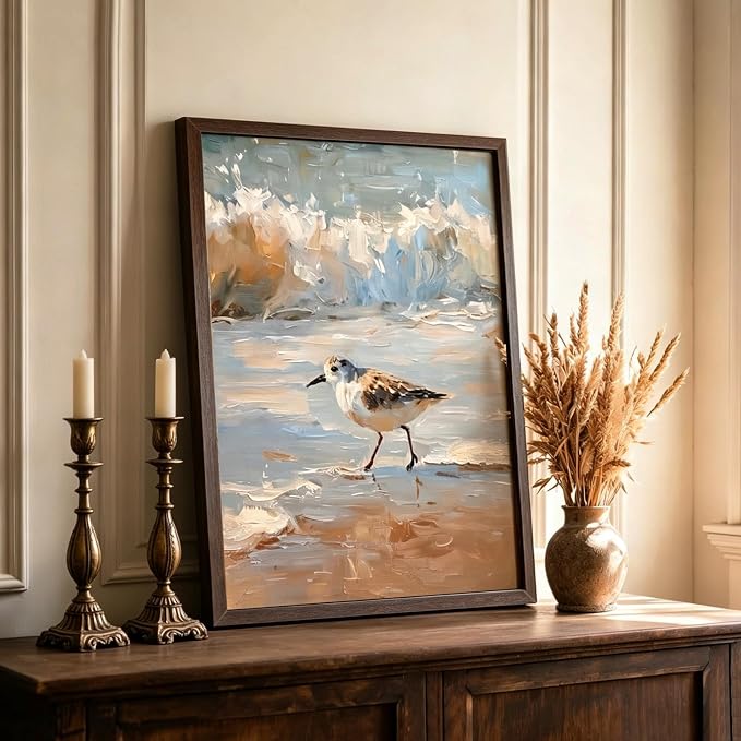 Vintage Framed Coastal Wall Art, Impressionist Sandpiper Bird Canvas Painting, Rustic Beach Ocean Wall Decor for Bathroom Bedroom Beach House 16x24 Inch