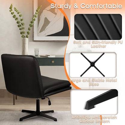 PUKAMI Criss Cross Chair,Comfy Cross Legged Office Desk Chair No Wheels,Modern Fabric Swivel Adjustable Height Mid Back Wide Seat for Home Office Computer (Pu Black)