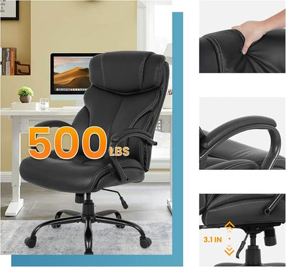 Office Chair Big and Tall 500lbs Wide Seat Desk Chair with Lumbar Support Arms High Back PU Leather Executive Task Ergonomic Computer Chair for Back Pain (Black)