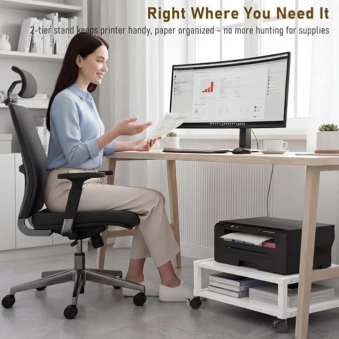 Zonon 2 Tier Printer Stand Under Desk with Lockable Wheels 19.7x15.7x7.9 Inch Rolling Printer Table Cart Under Desk Short Movable Storage Shelf for Home Office Organization(Open Shelf Style,White)