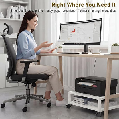 Zonon 2 Tier Printer Stand Under Desk with Lockable Wheels 19.7x15.7x7.9 Inch Rolling Printer Table Cart Under Desk Short Movable Storage Shelf for Home Office Organization(Open Shelf Style,White)