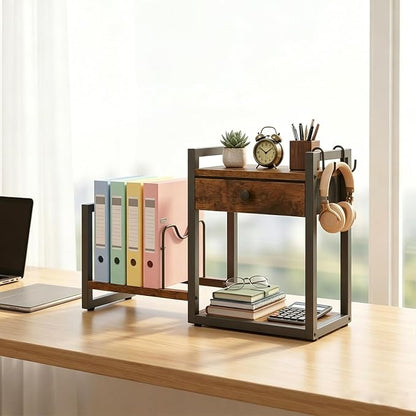 MAHANCRIS Desktop Shelf Organizer, 2-Tier Wooden Desk Bookshelf, Small Tabletop Book Shelf with Drawer and Hooks, Countertop Storage Rack for Home, Office, Dorm, Rustic Brown POHR2201