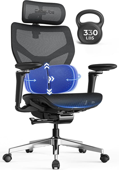Ergonomic Office Chair with Adaptive Dual-Wing Lumbar Support - Over 10 Hours Sitting Comfortable Mesh Big and Tall Home Desk Chair, 4D Headrest, 630° Armrst, Seat Depth Adjustable