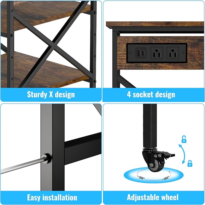 Rustic Brown 3 Tier Large Mobile Printer Stand | Built in power outlet adjustable storage shelves industrial rolling casters size 23.6 x 23.6x 30 inches home office storage