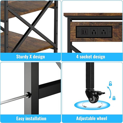 Rustic Brown 3 Tier Large Mobile Printer Stand | Built in power outlet adjustable storage shelves industrial rolling casters size 23.6 x 23.6x 30 inches home office storage