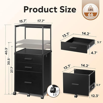 DEVAISE 3 Drawer File Cabinet with Adjustable Shelves, Rolling Wooden Filing Cabinet Mobile Printer Stand for Home Office, Black, 15.7" D x 17.7" W x 40.3" H