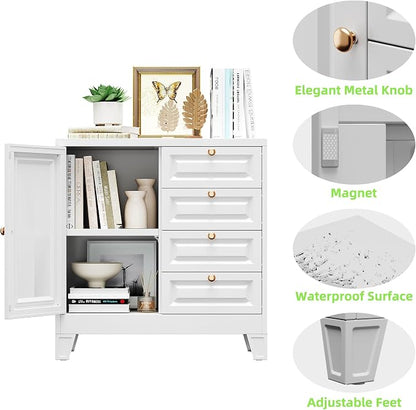Bathroom Storage Cabinet with 4 Drawers,Metal Bathroom Floor Cabinet with Door and Shelves,Toilet Paper Storage Cabinet for Bathroom,Home,33" H x 31.5" W x 15.75" D,White