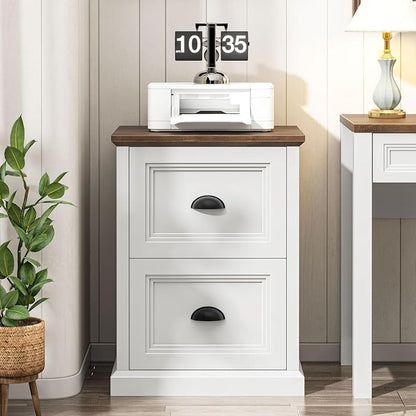 Halitaa Vertical File Cabinet, Filing Cabinet with 2 File Drawers, Farmhouse Small File Cabinet Fits Letter/A4 Size, Wooden Printer Stand, Under Desk Cabinets for Home Office, White