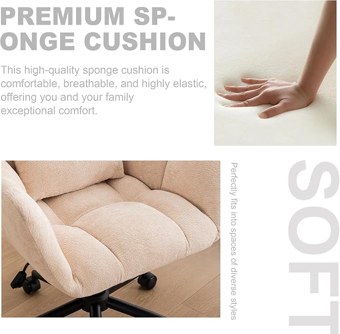Home Office Desk Chair, Modern Tufted Chenille Vanity Chair, Adjustable Upholstered Swivel Computer Chairs for Bedroom, Living Room, Beige