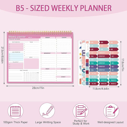 Weekly To Do List Notepad, 8.5''x11'' Weekly Desk Planners with 52 Tear Off Sheets Undated Planner Habit Tracker & Productivity Organizer for Home and Work, Pink
