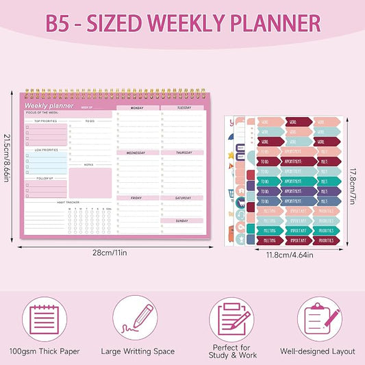 Weekly To Do List Notepad, 8.5''x11'' Weekly Desk Planners with 52 Tear Off Sheets Undated Planner Habit Tracker & Productivity Organizer for Home and Work, Pink