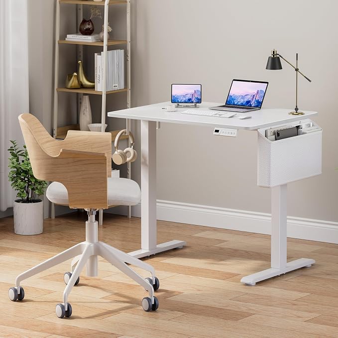KLUVIS White Electric Standing Desk - 32 Inch Small Adjustable Height Stand up Desk for Writing Study Work, Mini Sit to Stand Desks Workstation for Small Space Adult Boys Girls Bedroom Home Office