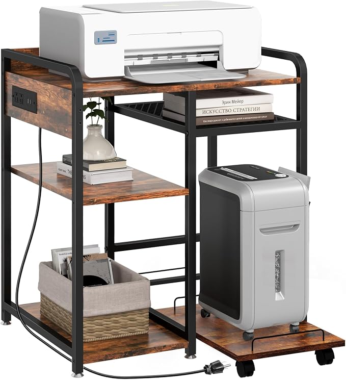 Livofloral Large Printer Stand for Home Office, 23.6 x 18.9 Inch Printer Stand with Power Outlet USB Port, Printer Table with Storage Shelf, Printer Shredder Stand with Wheels, Rustic Brown