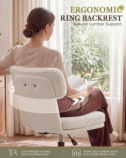 COMHOMA Vanity Chair with Ergonomic Curved Backrest, Home Office Desk Chair with Silent Wheel, Wide Seating Computer Chair for Girls Women Bedroom, Soft Teddy Fabric, White