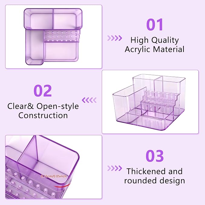 Nail Drill Holder, 21 Holes Nail Drill Machine & Bits Storage Box, Acrylic Nail Drill Bit Holder Professional Nail Tools Organizer, Nail Desk Organizer for Nail Tech (Purple)