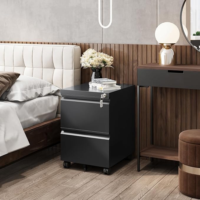 Fesbos 2 Drawers Vertical File Cabinet - Fully Assembled Black Under Desk Mobile Filling Cabinet Small Lockable Home Office File Cabinets for A4/Letter/Legal Size