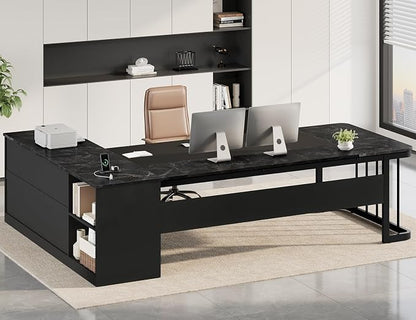 UPOSOJA 78.7" Executive Desk, Large Office Desk with Drawers & Storage Shelves, Modern L Shaped Computer Desk Corner Desk with Power Outlets, File Cabinet, Business Furniture Desk Workstation (Black)