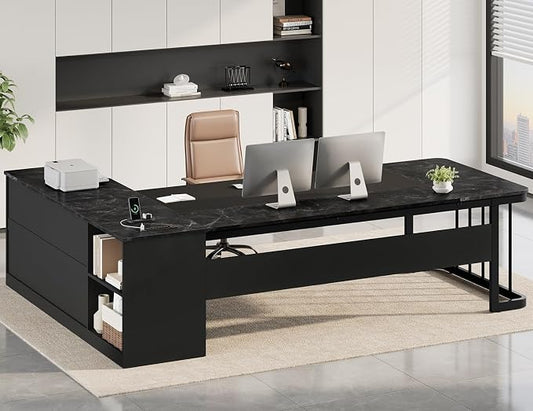 UPOSOJA 78.7" Executive Desk, Large Office Desk with Drawers & Storage Shelves, Modern L Shaped Computer Desk Corner Desk with Power Outlets, File Cabinet, Business Furniture Desk Workstation (Black)