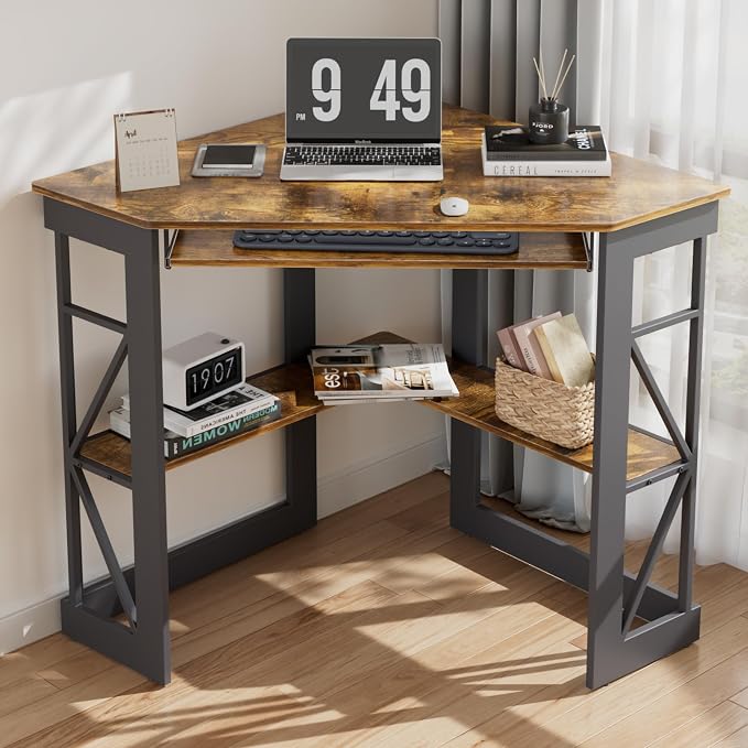 VECELO Corner Desk Computer Desk Writing Table with Smooth Keyboard Tray & Storage Shelves,Compact Home Office Triangle Table,Antique Brown