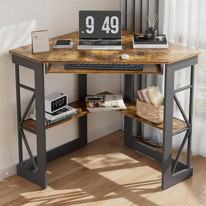 VECELO Corner Desk Computer Desk Writing Table with Smooth Keyboard Tray & Storage Shelves,Compact Home Office Triangle Table,Antique Brown