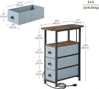 DALEMHOME Narrow End Table with Charging Station, Narrow Side Table with Drawer, Small Nightstand with LED Light, Skinny Nightstand, Small Bedside Table for Living Room, Grey