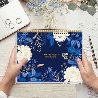 Weekly Productivity Planner - 8.5" x 11" Dashboard Desk Notepad Has 6 Focus Areas to List Tasks for Goals, Projects, Clients, Academic or Meal-Organize Your Daily Work Efficiently, 54 Weeks, Blue Leaf