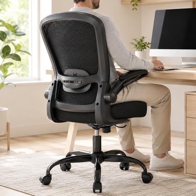 Mimoglad Ergonomic Office Chair, Comfortable Desk Chair with Flip-up Armrests, Adjustable Lumbar Support, 135° Reclining Mesh Computer Chair for Home Office, Small Spaces and Team Office, Black