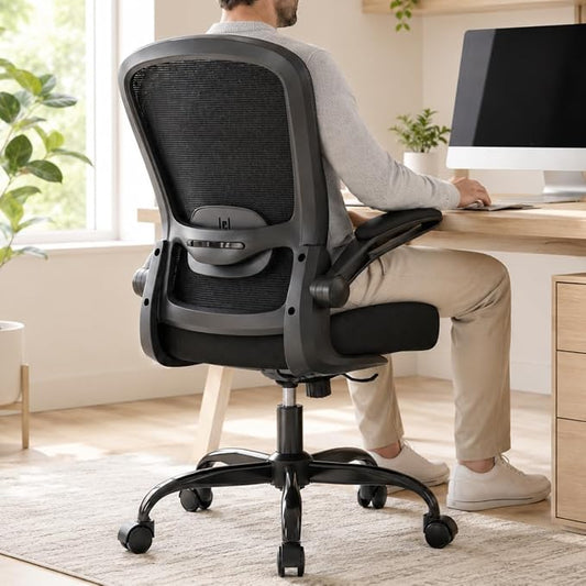 Mimoglad Ergonomic Office Chair, Comfortable Desk Chair with Flip-up Armrests, Adjustable Lumbar Support, 135° Reclining Mesh Computer Chair for Home Office, Small Spaces and Team Office, Black