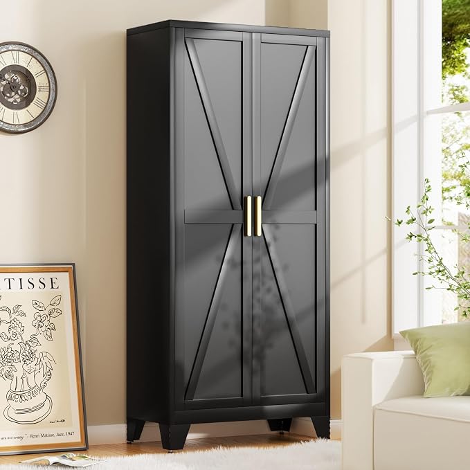 Baborokic 71H Tall Metal Storage Cabinet with 2 Doors and Adjustable Shelves,Farmhouse Storage Cabinet with Barn Doors,Pantry Storage for Home,Office,Bathroom,Dining Room,Kitchen(Black)