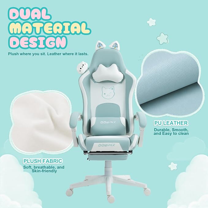 Dowinx Gaming Chair with Cat Ears and Massage Lumbar Support, Ergonomic Computer Chair with Footrest and Headrest, Comfortable Reclining Game Chair 290lbs for Adults, Blue