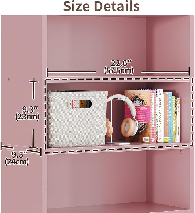 ALISENED 5-Tier Bookcase, Open Bookshelves and Bookcases with Storage Shelves, Floor Standing Unit, Display Storage Shelves for Bedroom Library Living Room Home Office, Pink