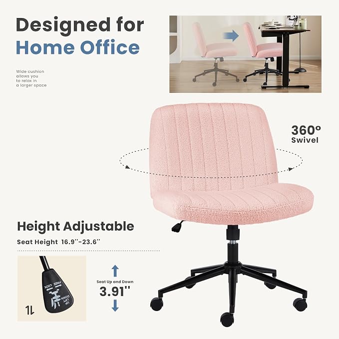 DUMOS Criss Cross Chair with Wheels, Wide Cross Legged Office Desk Vanity Chairs, Armless Height Adjustable Swivel Chairs for Home Computer Task, Teddy Fleece, Pink Wheel