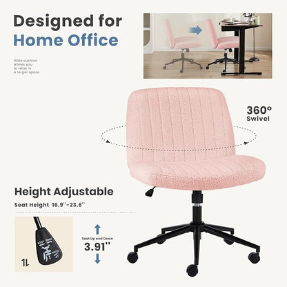 DUMOS Criss Cross Chair with Wheels, Wide Cross Legged Office Desk Vanity Chairs, Armless Height Adjustable Swivel Chairs for Home Computer Task, Teddy Fleece, Pink Wheel