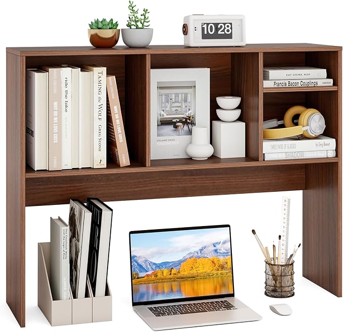 GOFLAME 4 Cubes Desktop Bookshelf, 37” Tabletop Wood Desk Shelf for Computer Monitor, Modern Countertop Desk Display Hutch Storage Organizer Shelf for Home Office, Dorm, Study, Walnut