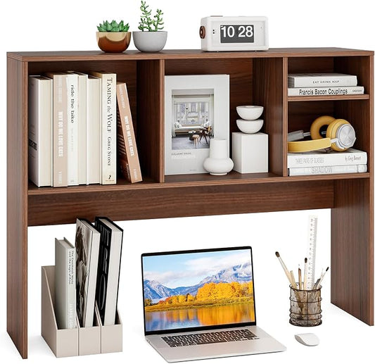 GOFLAME 4 Cubes Desktop Bookshelf, 37” Tabletop Wood Desk Shelf for Computer Monitor, Modern Countertop Desk Display Hutch Storage Organizer Shelf for Home Office, Dorm, Study, Walnut